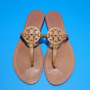 Tory Burch Tan Leather Miller Logo Thong Sandals
